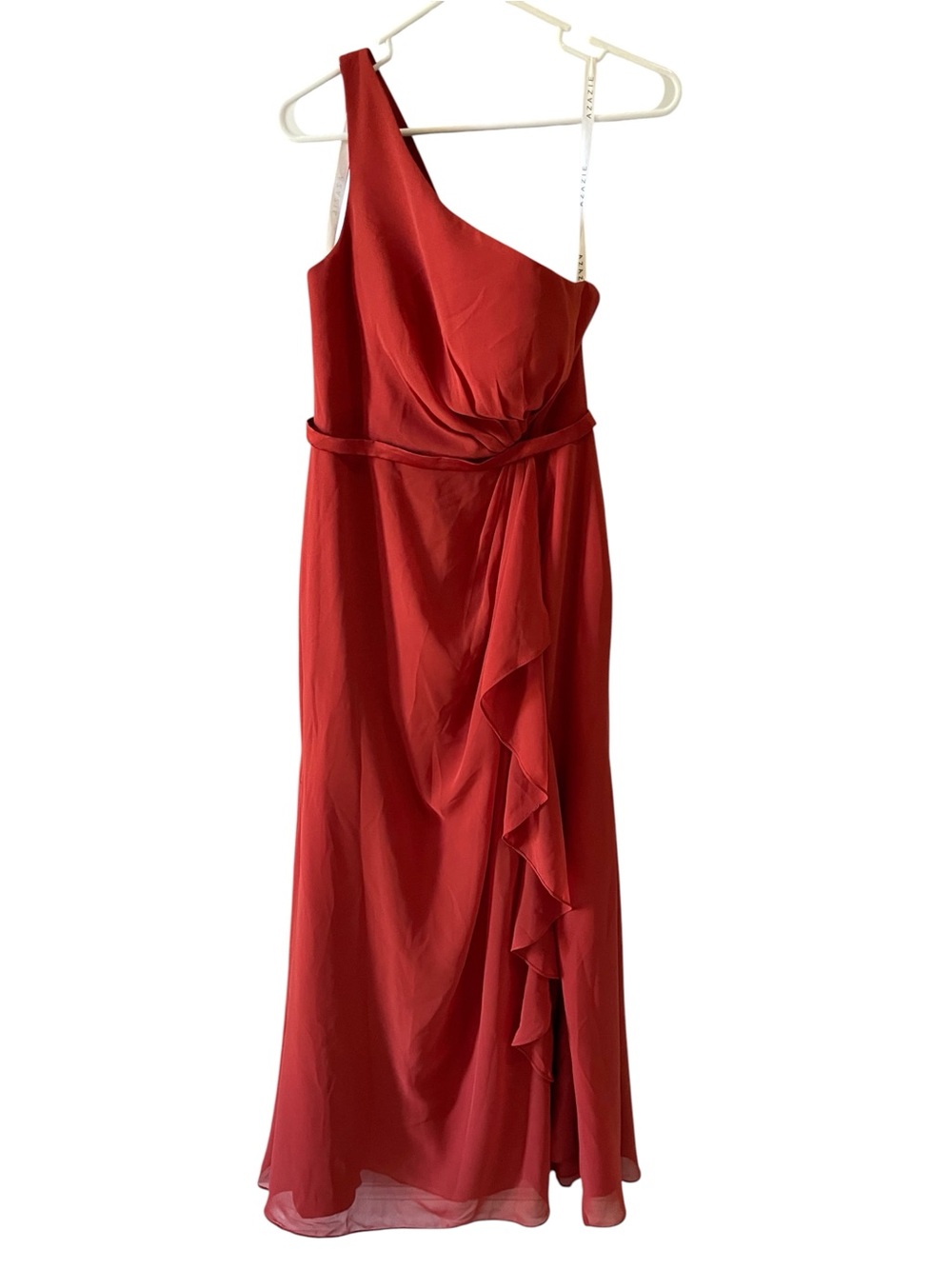 Azazie One-Shoulder Red Ruffled Evening Gown terracotta color size A6